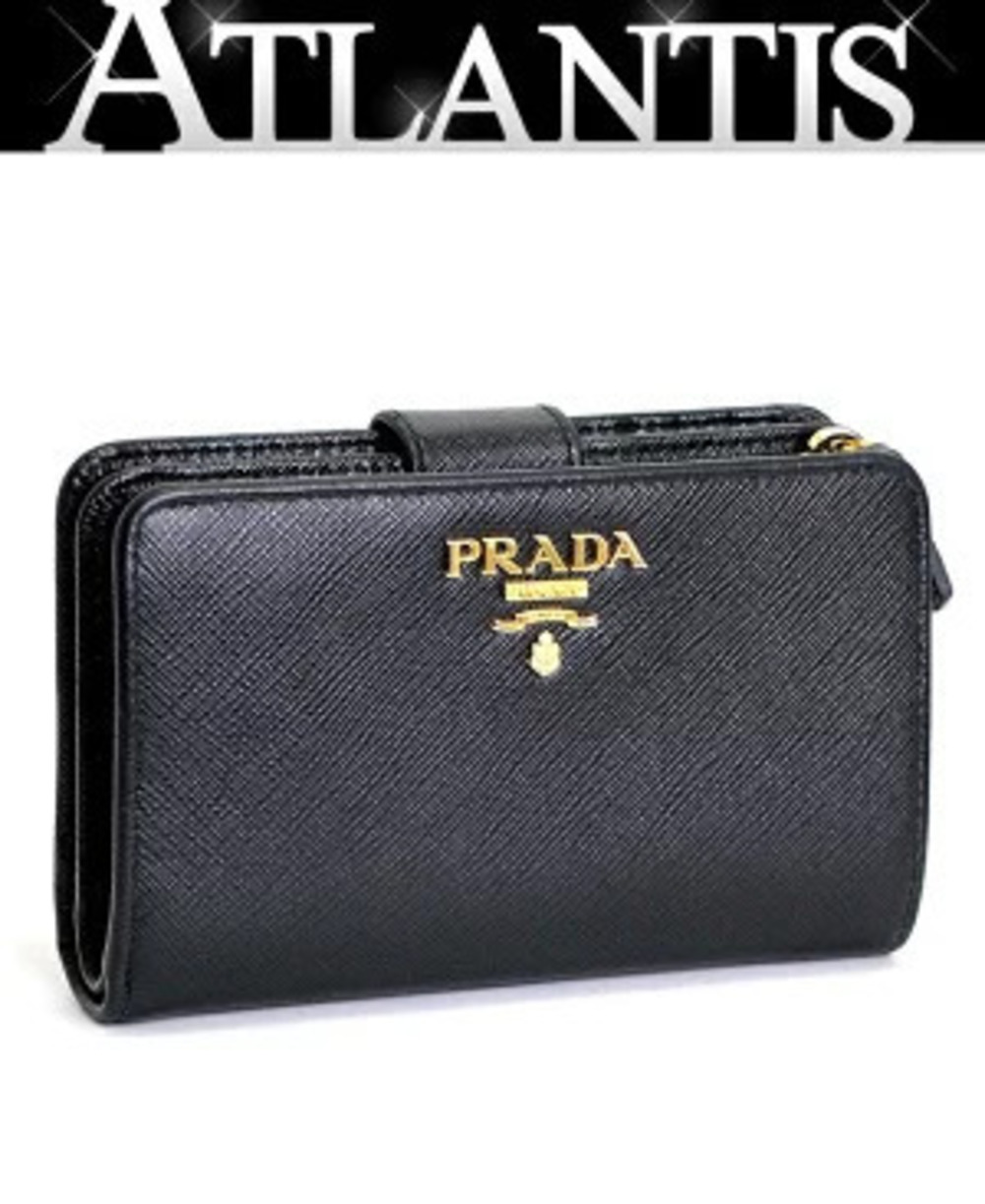Prada L shaped zipper bi fold wallet compact Saffiano leather black